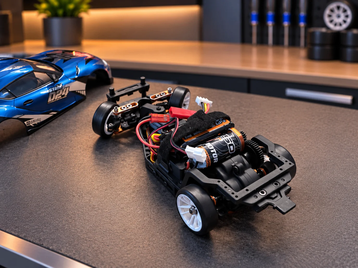 Exposed HPI Stage-D24 chassis beside the blue body