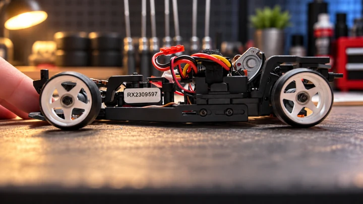 Side view of the HPI chassis with its front sitting low on the workbench
