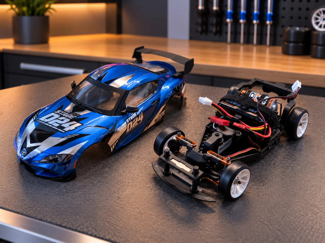 HPI Stage-D24 body and exposed chassis side by side