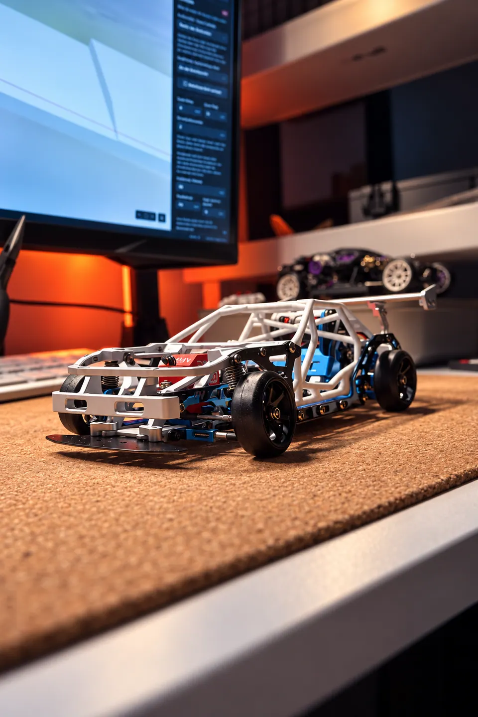 Mehrere RC-Driftautos auf einem Tisch vor einem Bildschirm