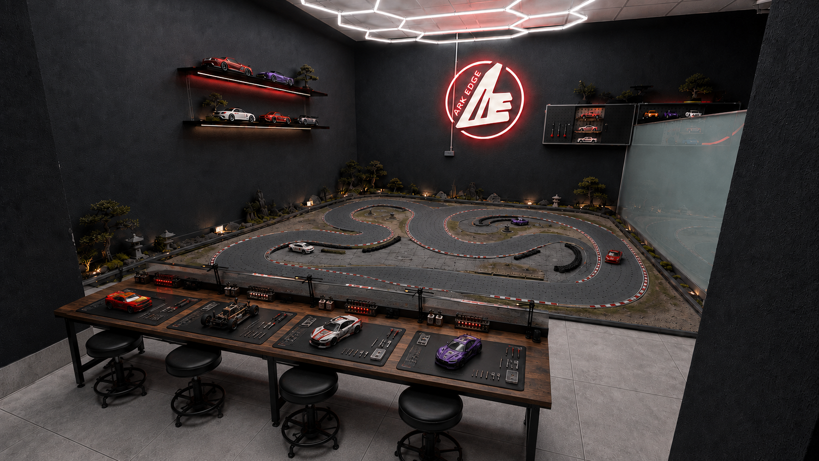 Konzeptvisualisierung der geplanten 1:24 RC Drift Strecke in NRW mit Driftlayout und Schrauberplätzen