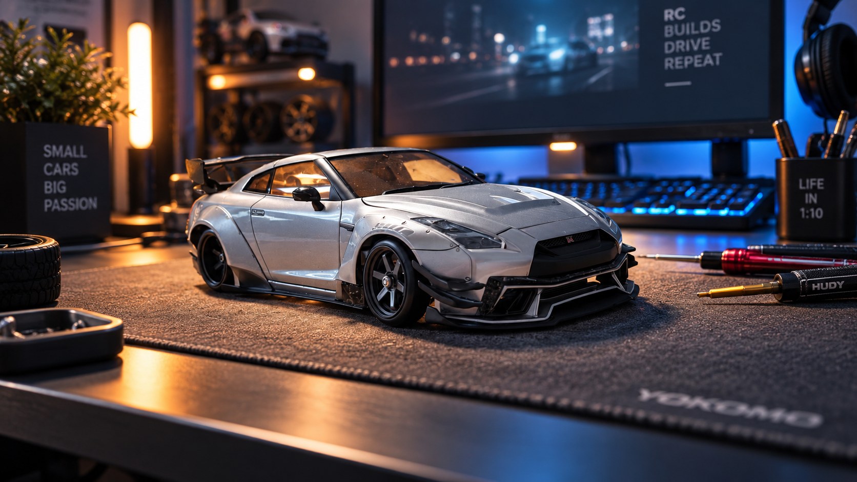 Silberner Nissan GT-R RC-Driftwagen von vorne auf dem Werktisch