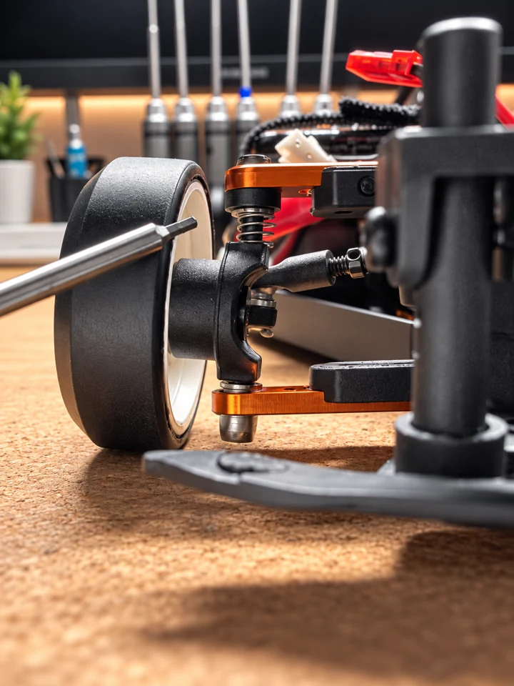 Front suspension detail with a tool pointing to the upper spring seat