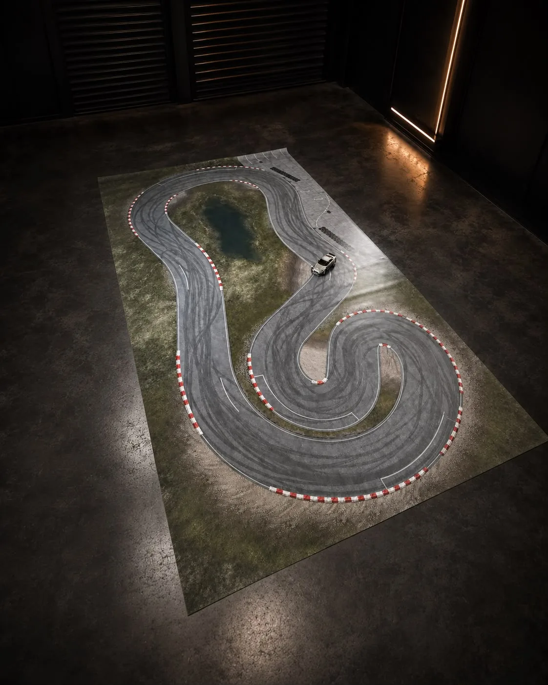 Narrow DriftTracks layout spotlit in a dark garage