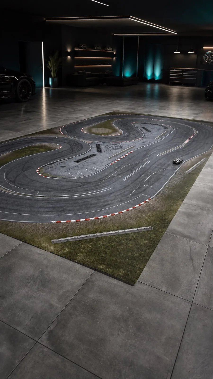Rolled-out DriftTracks PVC drift track in a dark showroom